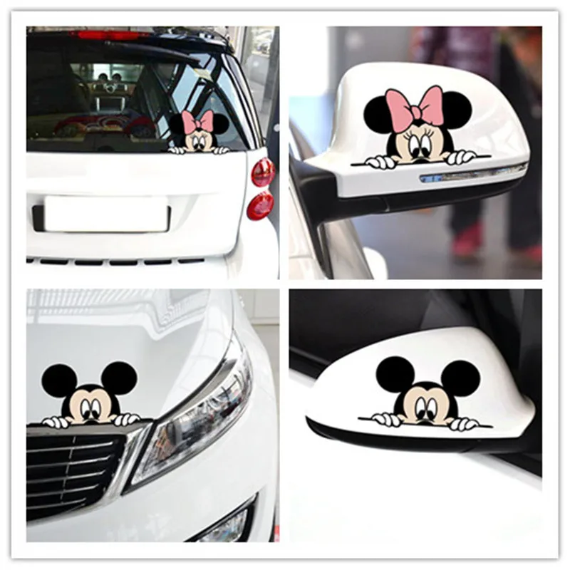 14x7CM Disney Mickey Cartoon Peripheral Car Sticker Cute Anime Figure Creative Car Rearview Mirror Decoration Sticker Accessory