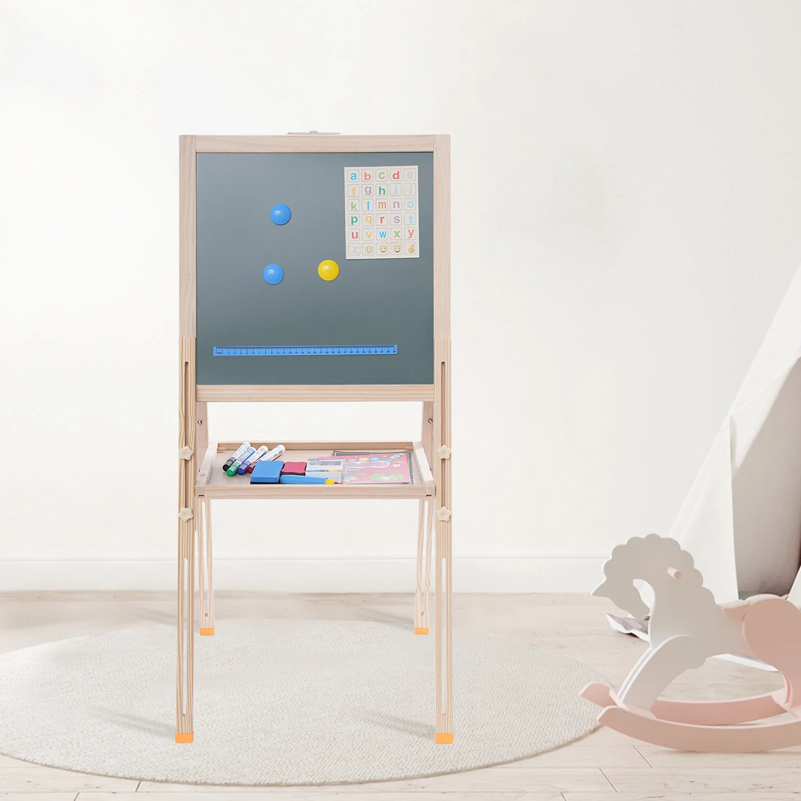 Kids Art Easel Stand Adjustable Wood All-in-One Toddler Easel with Chalkboard/Whiteboard for Kids Aged 2-8 Free Standing Easel