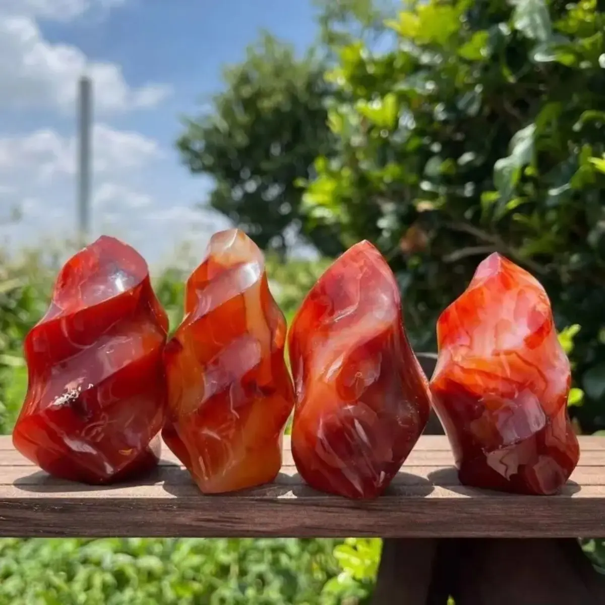 Natural crystal red agate torch ornament, carved from raw red chalcedony stone