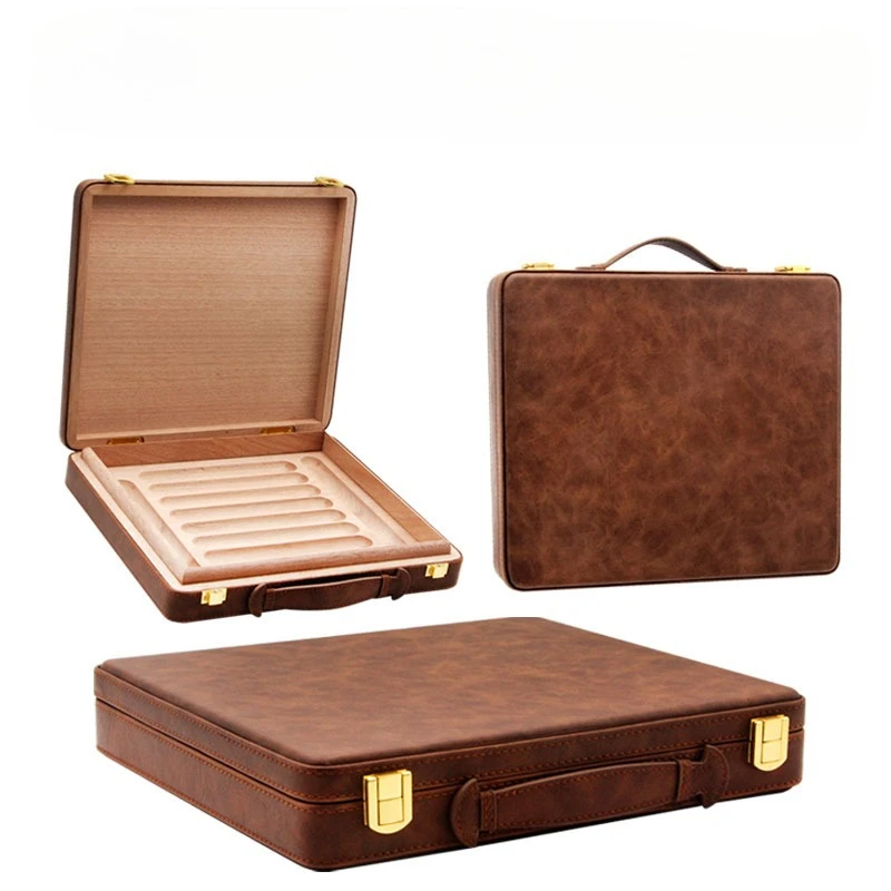 Cigar Humidor Box Outdoor Travel Leather Cigarette Accessories 10 Count Humidor Box，Portable Cedar Wood Lined Cigar Case
