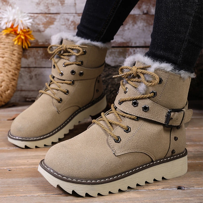 

New Thick Bottom Women's Winter Boots Plus Size Long Plush Warm Snow Boots Women Low Heel Lace Up Suede Botas Woman 2026