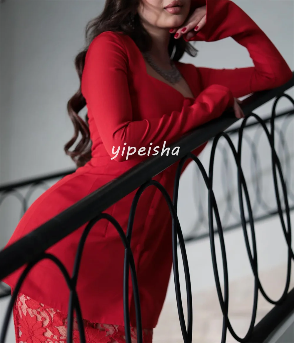 Customized Matching Fashion Jersey Pleat Lace Mermaid Square Neck Long Dresses Bespoke Occasion Dresses Sizes Available Pastrol