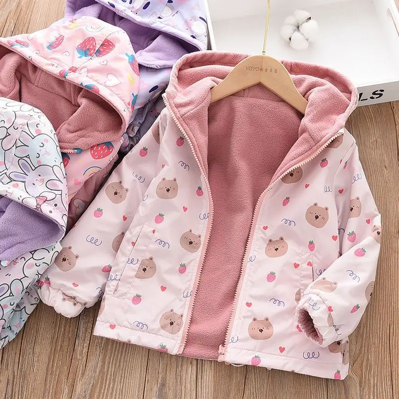 Girls Spring Jackets 2024 Double-Faced Animal Cartoon Print Korean Coat Children Fleece Outerwear Kids Casual Costume 100-160cm