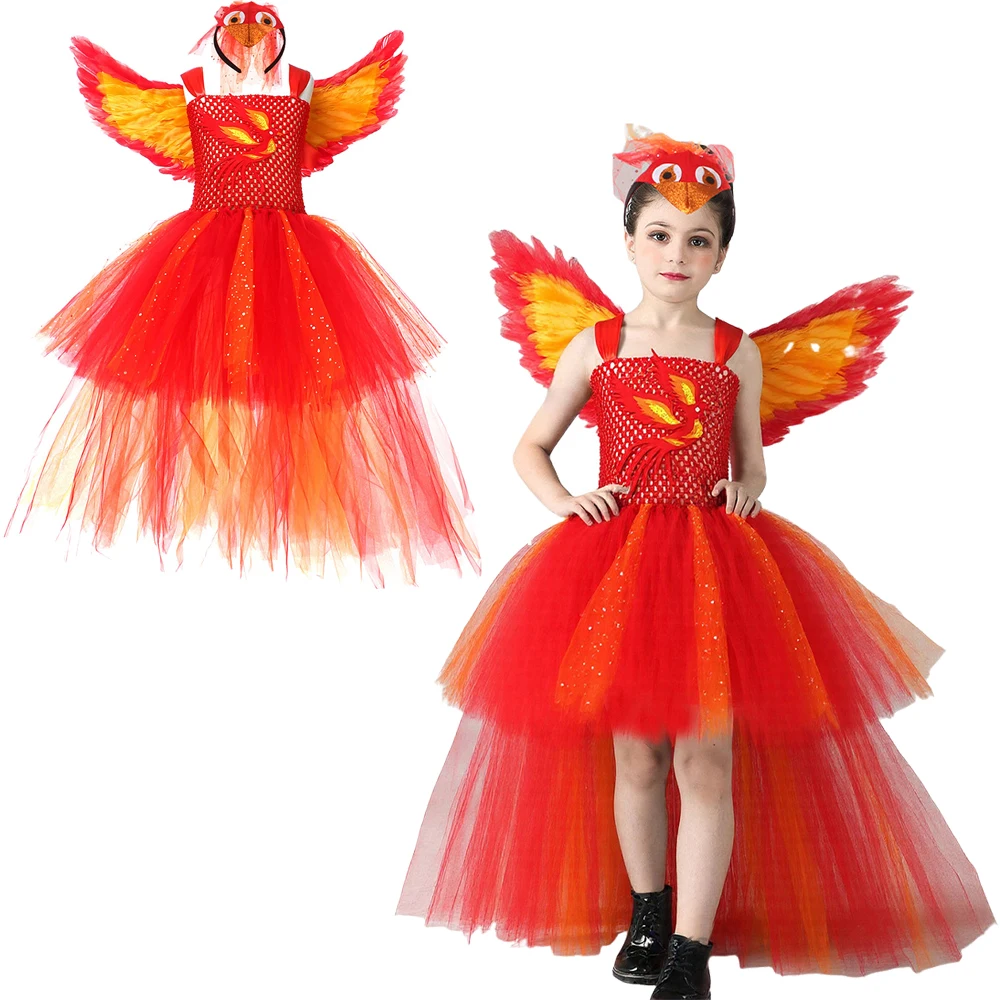 

Phoenix Cosplay Stage Performance Costume Girls Cartoon Kids Tutu Dress Headband Outfits Halloween Carnival Disguise Party Suit