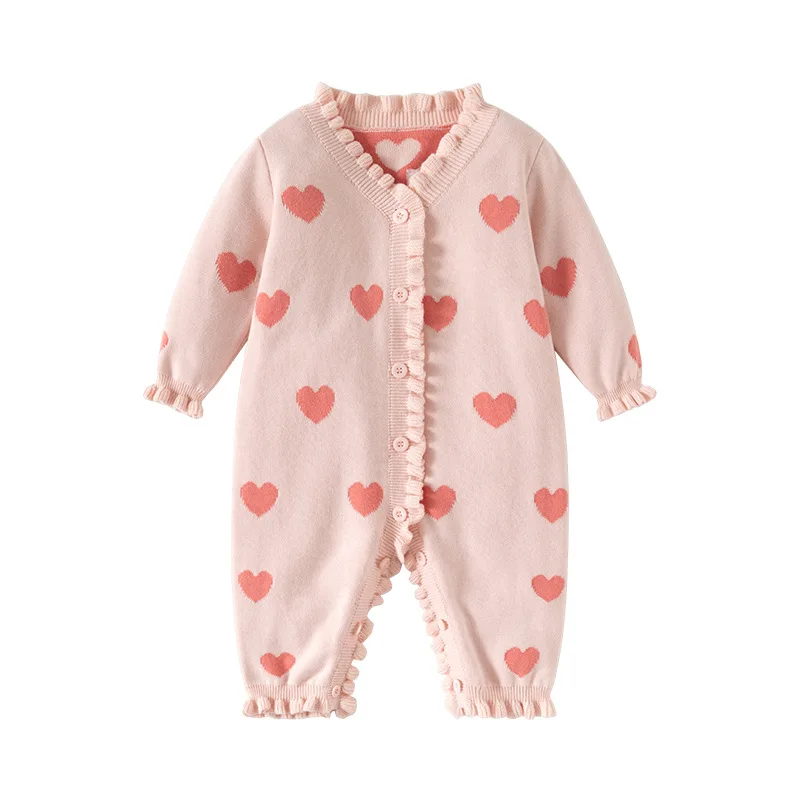 2025 Autumn Winter Girls Newborn Knitted Long Sleeve One Piece Love Heart Pattern Cotton Romper 0-24 Months Toddler Bodysuit