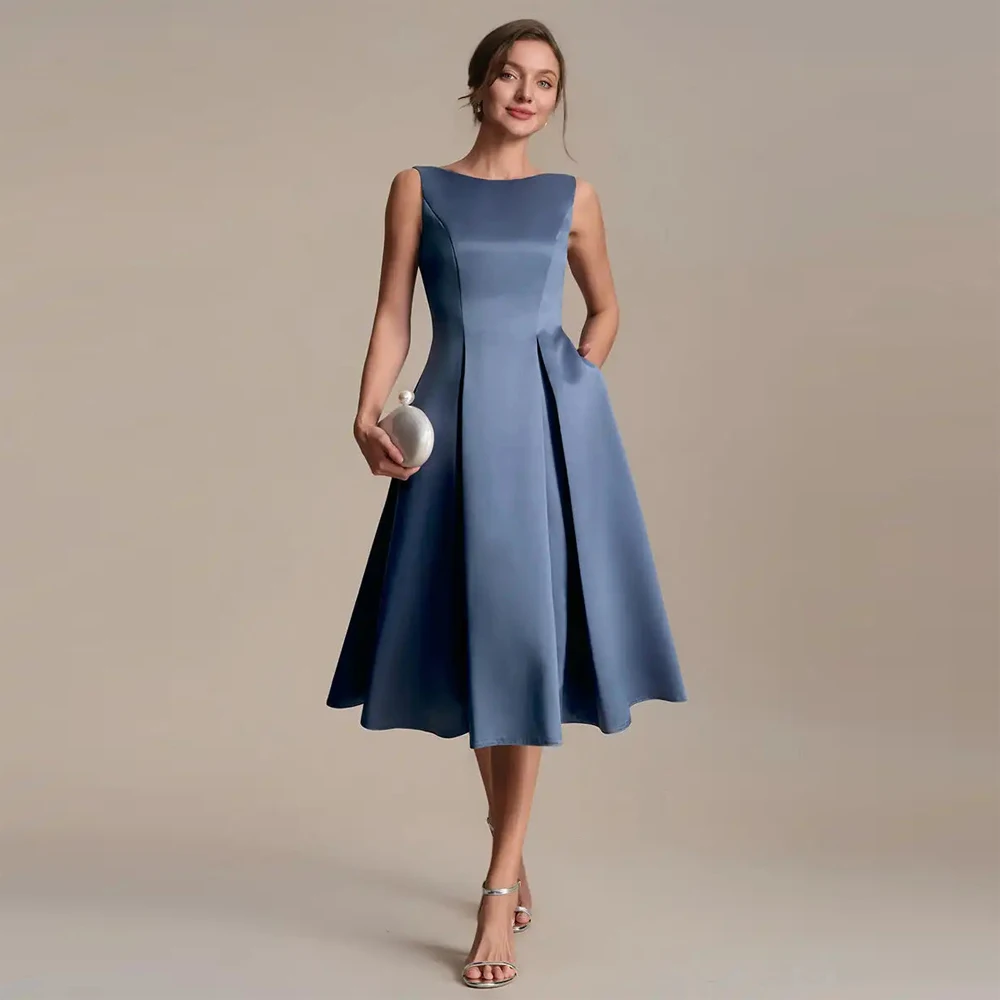 

BAZIIINGAAA Evening Dress Strapless Boat Neck Ball-Gown Luxurious Satin Fabric Midi Dress with Pockets Wedding Evening Dresses