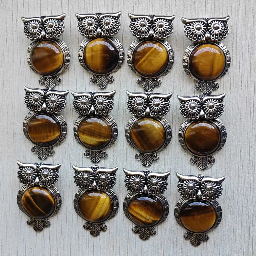 

Fashion Vintage silver Plated Owl Natural tiger eye stone pendants for jewelry making wholesale 12pcs/lot free shipping