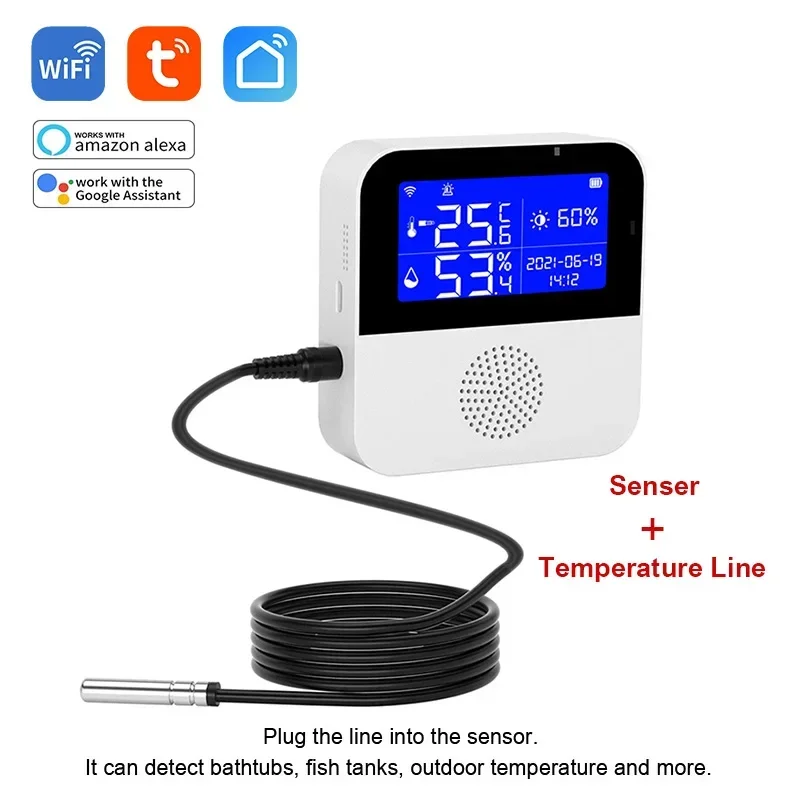 Smart LED Display Temperature and Humidity Sensor with WiFi Tuya, Indoor Room Office Aquarium Water Temp Detector
