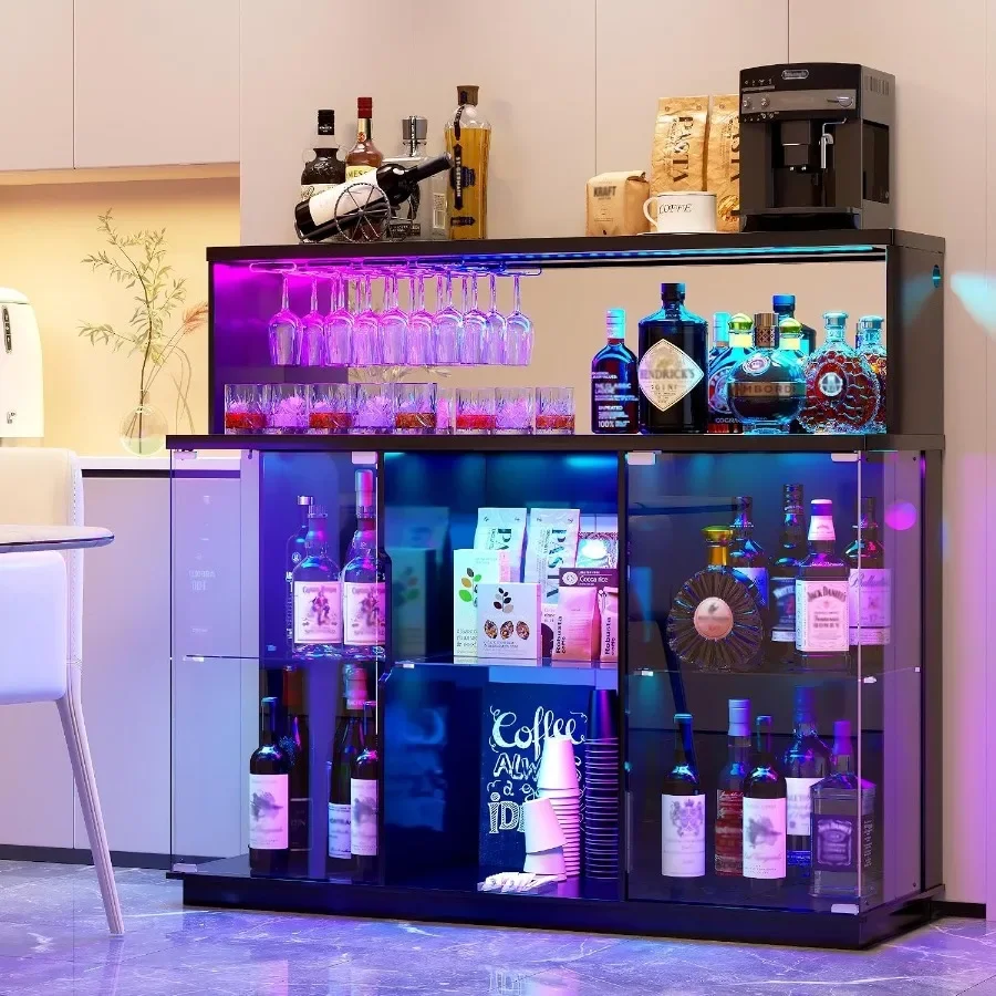 RGB Lights Coffee Bar with Fridge Space and Power Outlets, 47.2-inch, Aluminum Alloy, Matte Black, Integrated Lighting and Smar