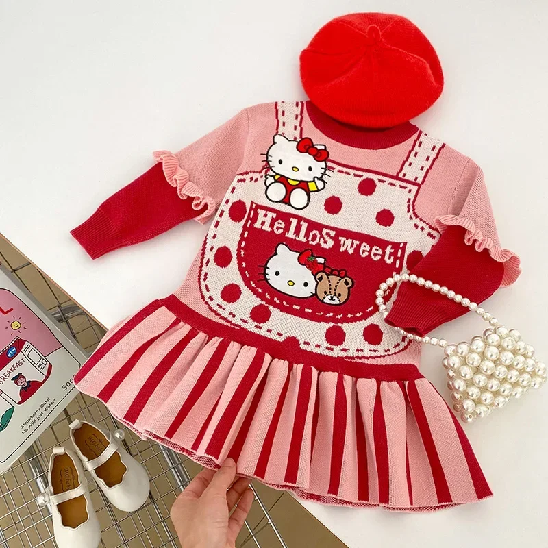 New Kids Dresses for Girls Cute Cartoon Hello Kitty Dress Toddler Girl Dot Red Pink Knitted Dress Princess Birthday Party Dress