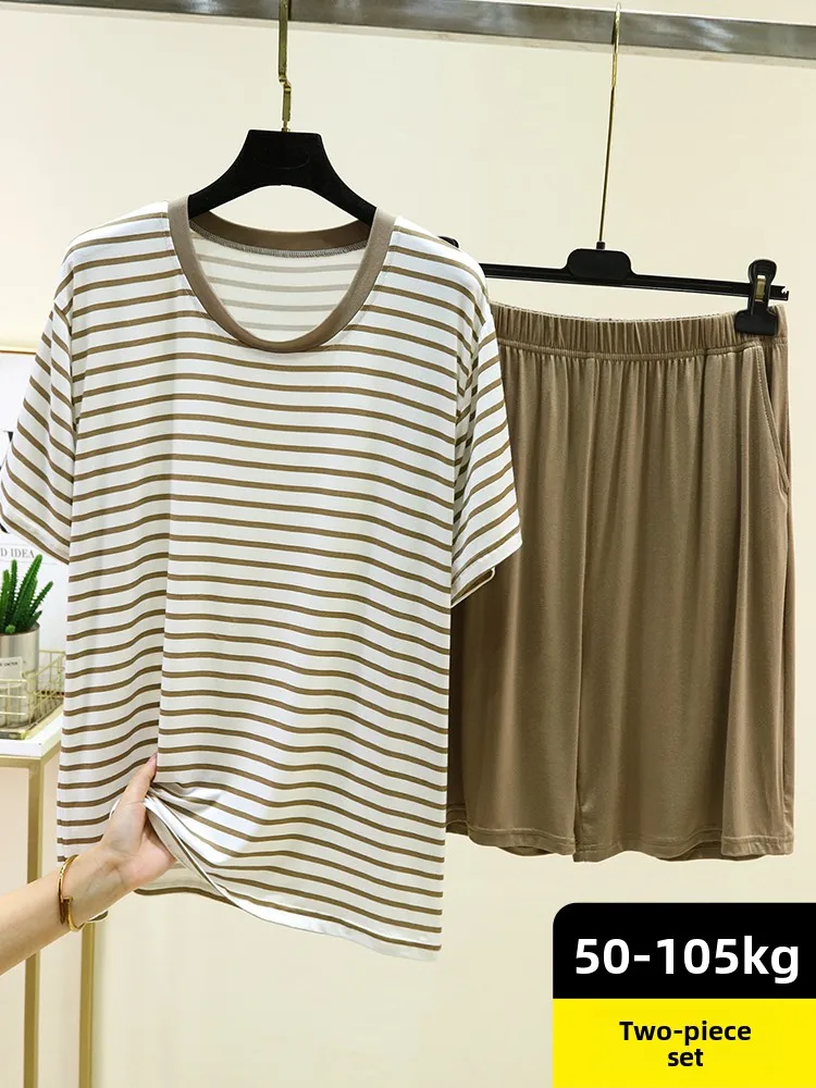Men's Modal Short Sleeve T-Shirt round Neck Striped Home Clothes Casual Large Size Sleepwear Pants Two-Piece Set Summer