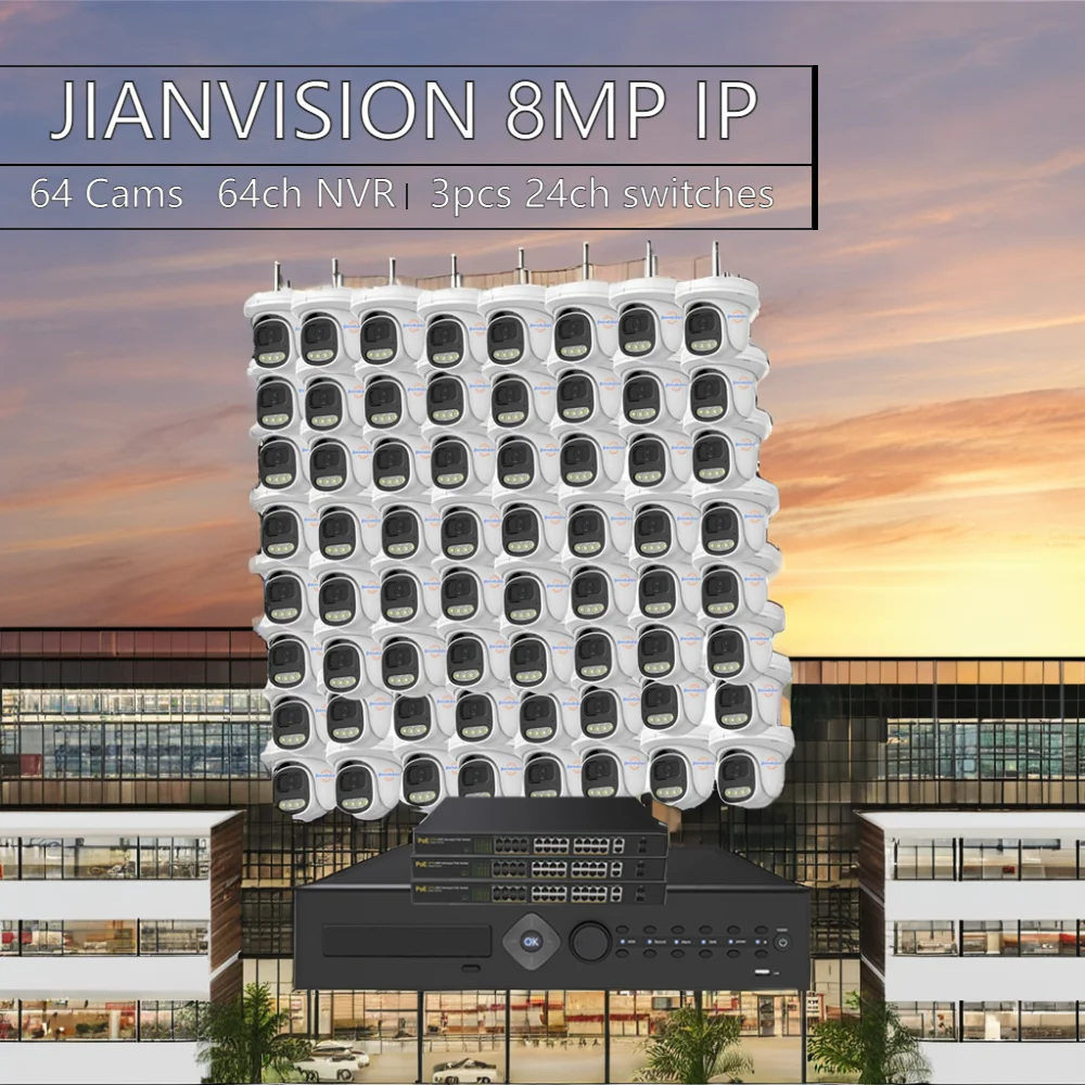 Jianvision 64-Channel IP Dome Camera System 8MP HD Resolution Network Turret Camera Night Vision Built-In Mic NVR Data Storage