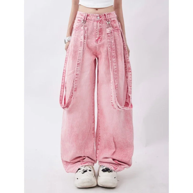 Pink Baggy Jeans Women Plus Size Lace Up Design Sexy High Waist Jeans Streetwear Straight Wide Leg Pants Cargo Pants Women New