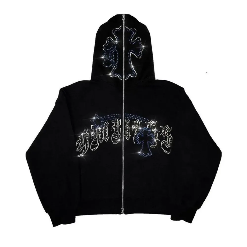 Europe and the United States cross-border Gothic letter rhinestone zipper Y2K trend cardigan casual hooded sweater cross-border