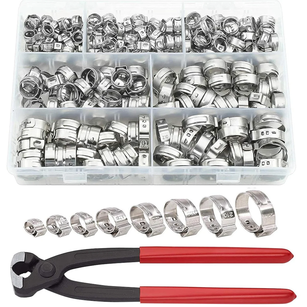 

131PCS Single Ear Hose Clamps, Stainless Steel PEX Clamps, Stepless Clamps for Pipe Fittings, Compression Ring Clamps