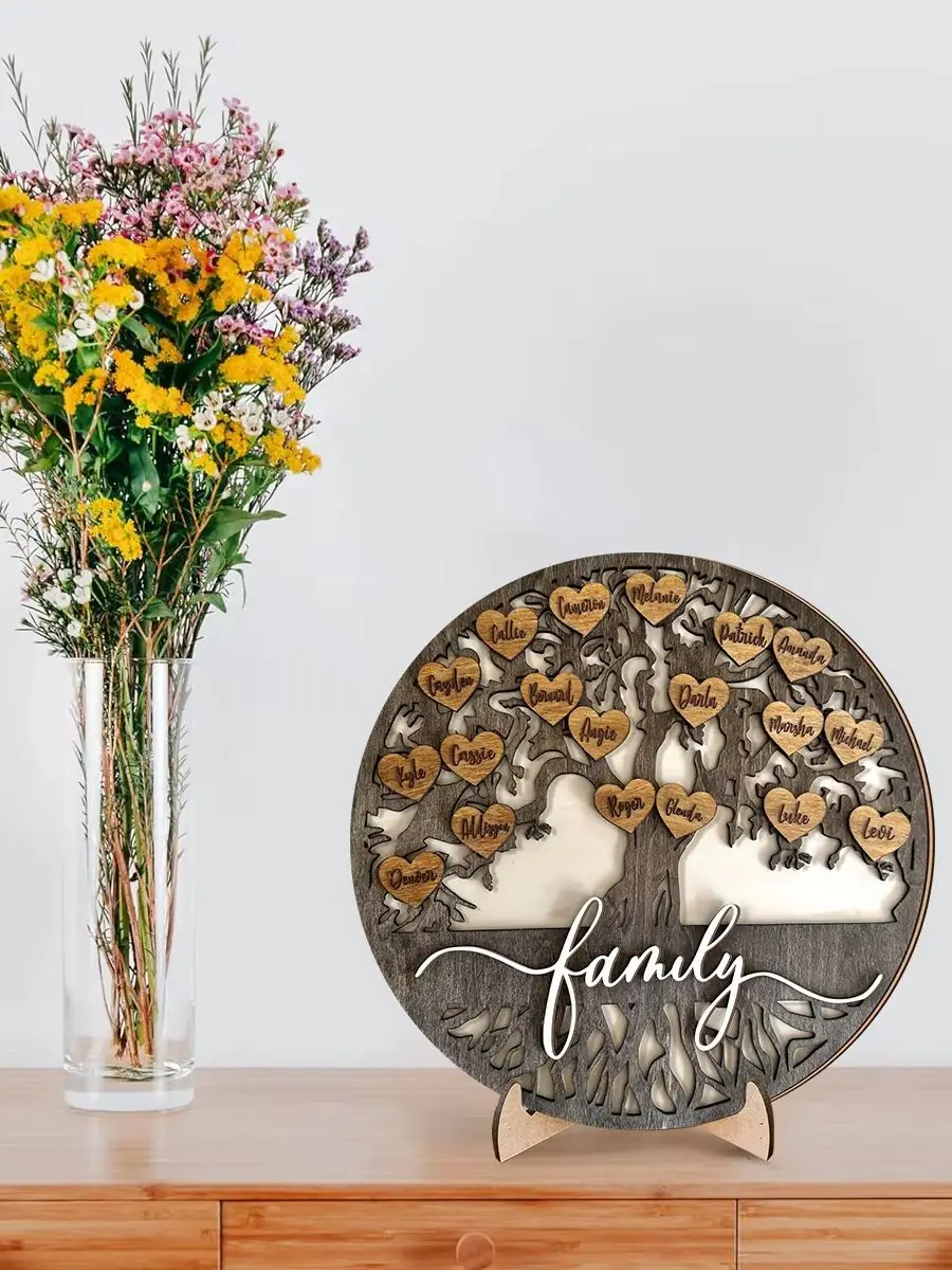 

[Open ]1 Set of 3D Double-Layer Family Themed Wooden Desktop Statue Ornaments, Hollowed-Out Tree Branches with Heart Embellishme