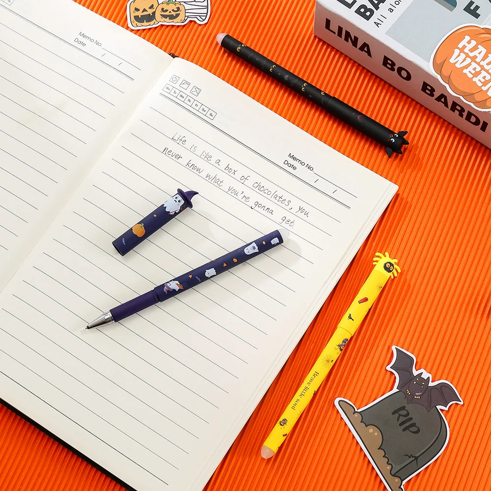 1-6 Stück Halloween löschbare Gelstifte, 0,7 mm Klick-Druckstift-Set, niedliche Geister-, Kürbis- und Fledermaus-Motive, Schreibgeschenk für Schüler, Schule und Büro – Detail 9