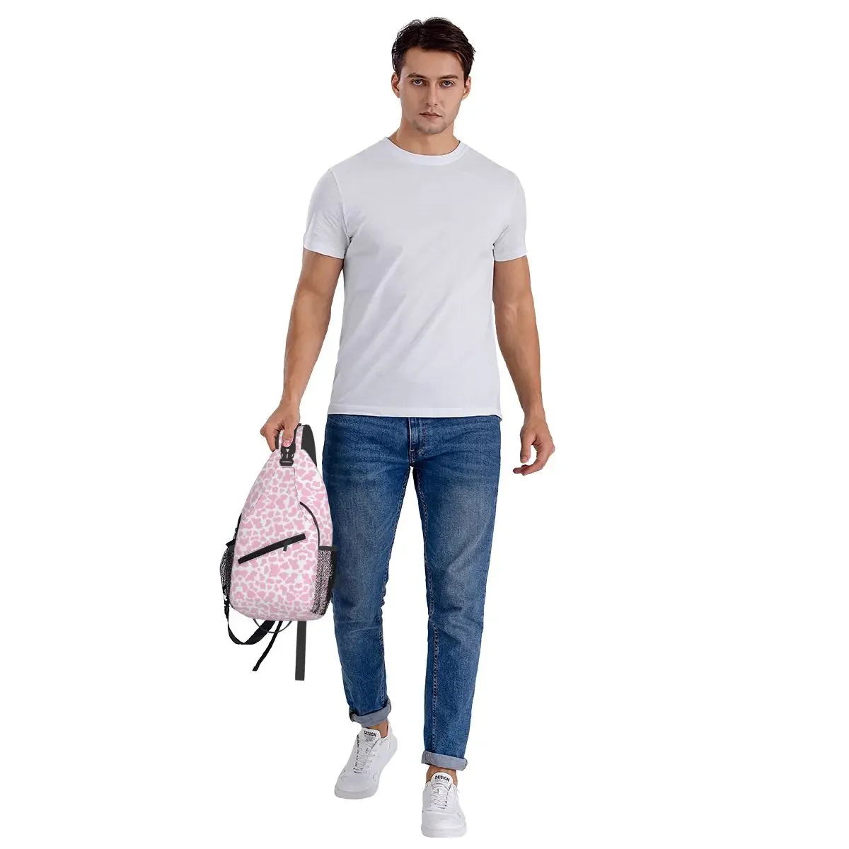 Bolso de pecho con estampado de vaca y fresa rosa, bolso de pecho con estampado estético, bandolera para hombre, bolso de pecho, mochila de viaje para senderismo, bolso de hombro