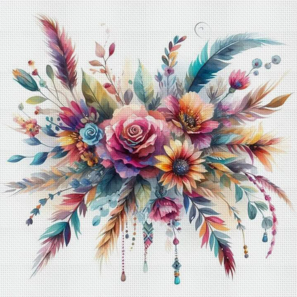 Kreuzstich-Set mit Federn und Blumen, DIY, 11CT, Stickerei, Heimwanddekoration, Geschenk, handgefertigtes Material, rahmenlos, halbfertig, 36 x 36 cm