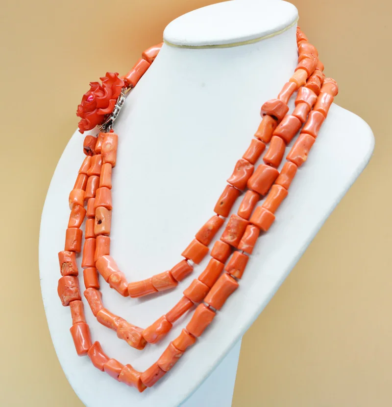 Exquisite! Natural orange 3-row coral necklace. Classic bridal wedding necklace