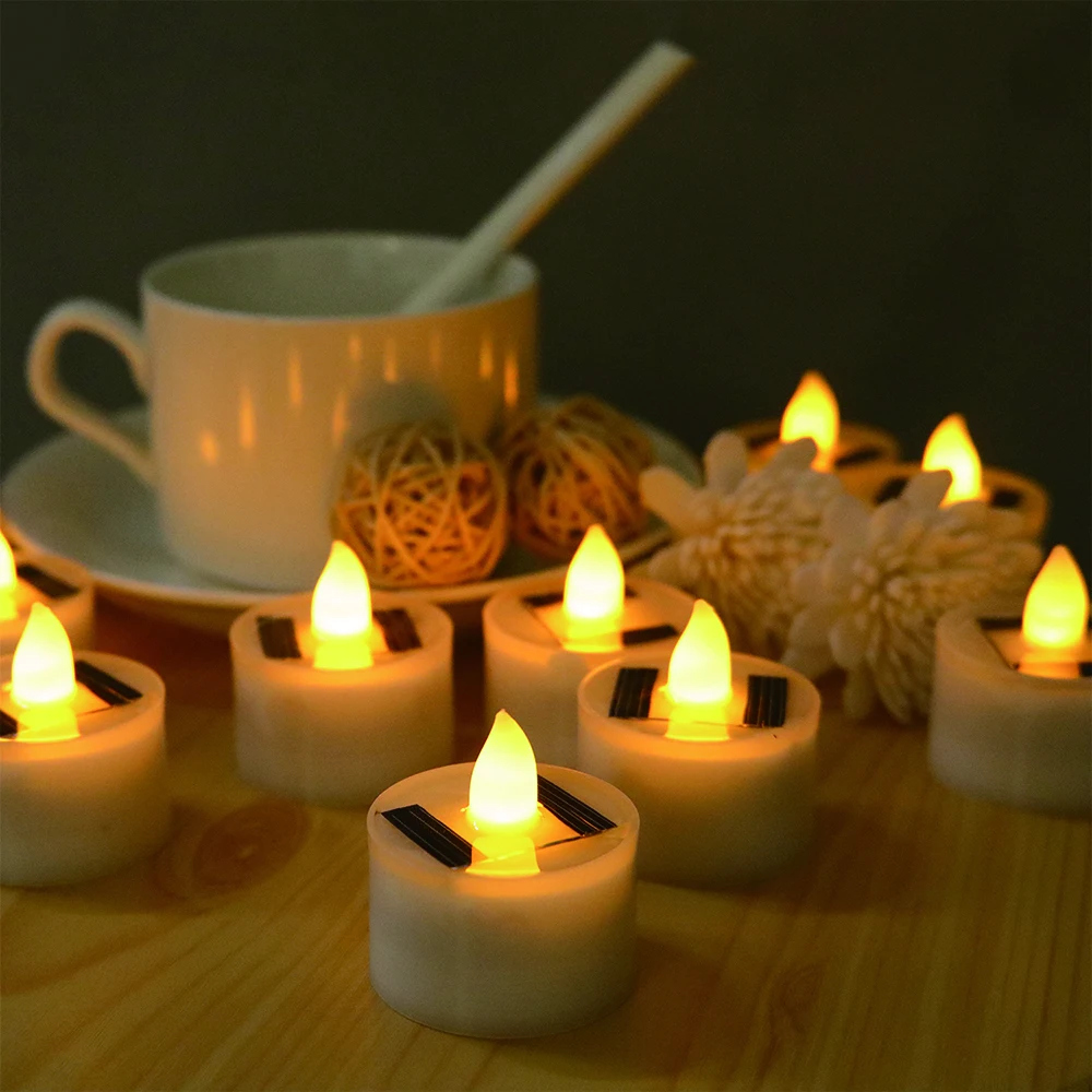 6pcs Outdoor Candles Lamp Flameless Solar Rechargeable Candles with Flickering Solar Tealights for Party Garden Home Decor