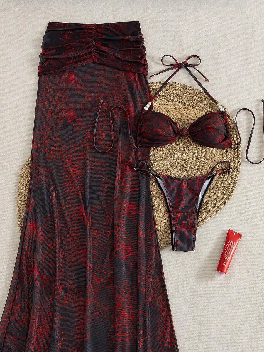 3-Piece Womens Floral Print Bikini Set With Backless Pearl Knot Top Mesh Skirt Beach Swimwear
