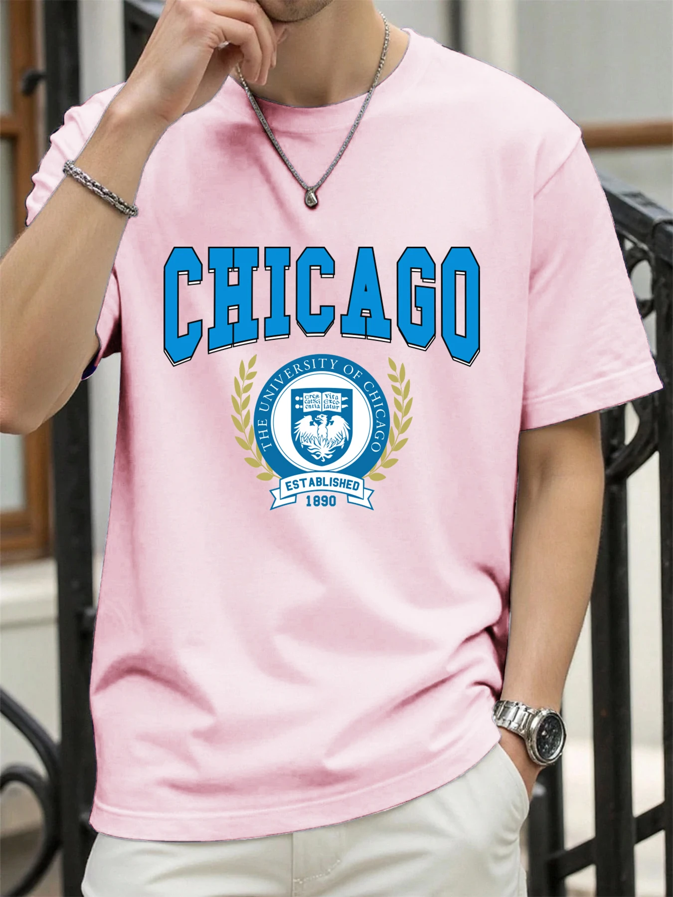تي شيرت رجالي مطبوع عليه جامعة شيكاغو Est تي شيرت فضفاض غير رسمي بأكمام قصيرة من القطن تي شيرت عصري ملابس صيفية هيب هوب للجنسين