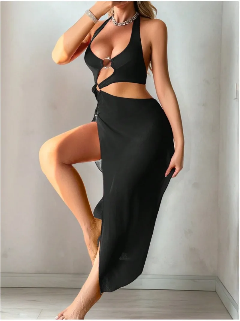 Sexy women's nightgown, swimsuit without back exposure, pure color sexy bikini suit, women's slit long dress.