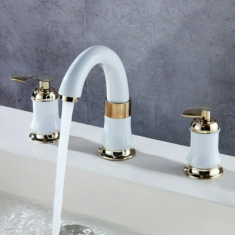 

Смеситель для раковины из латуни цвета розового золота, антикварный, с 3 отверстиями, для горячей и холодной воды, белый