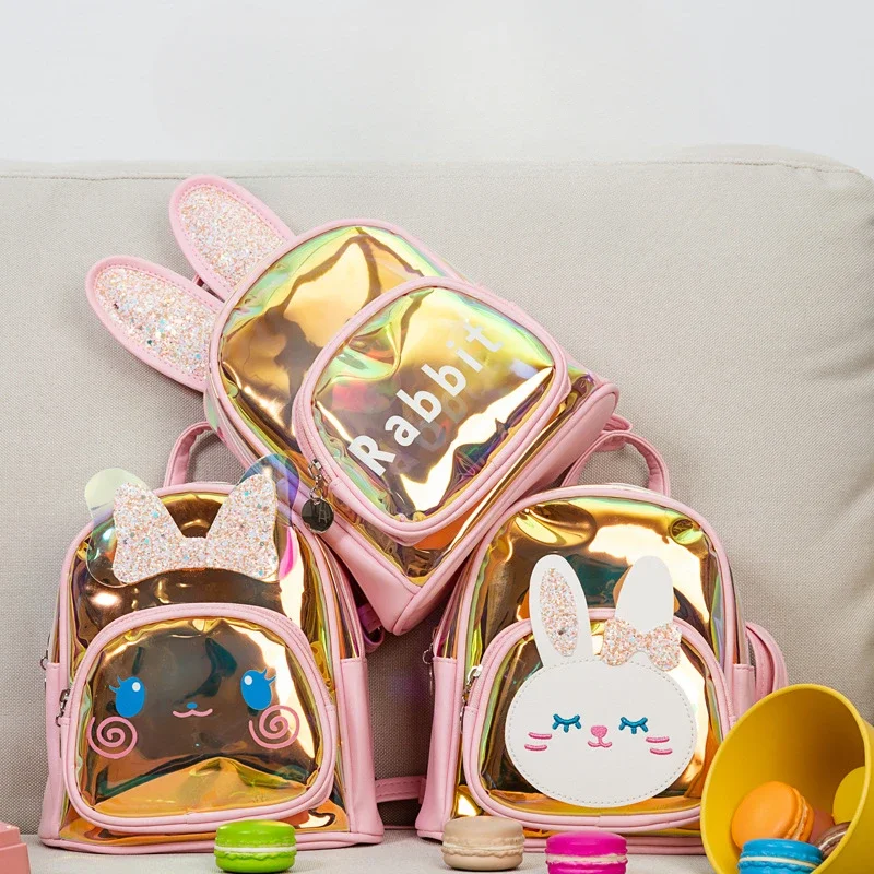 Children Backpack Women Laser Transparent Backpack Cartoon Rabbit Bag Kids Backpacks Boy School Bags Mother Kids Bags for Girl