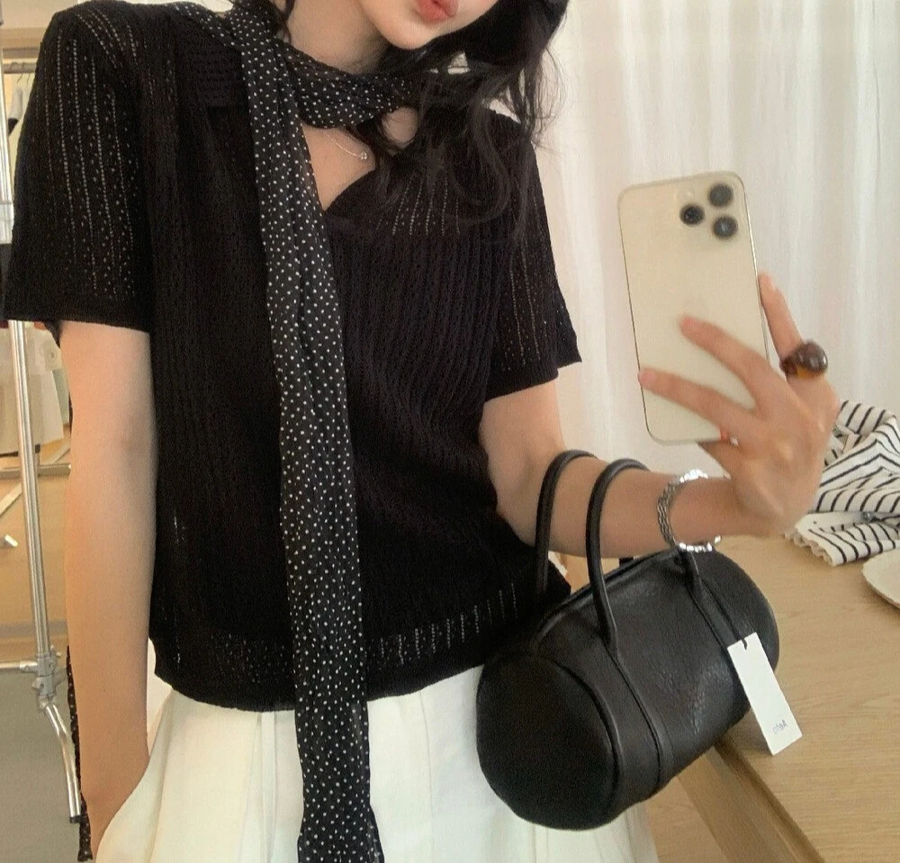 POLO Collar Fried Dough Twists Knit Women's 2026 Spring Summer Temperament Short Sleeve Hollow Out Slim Top