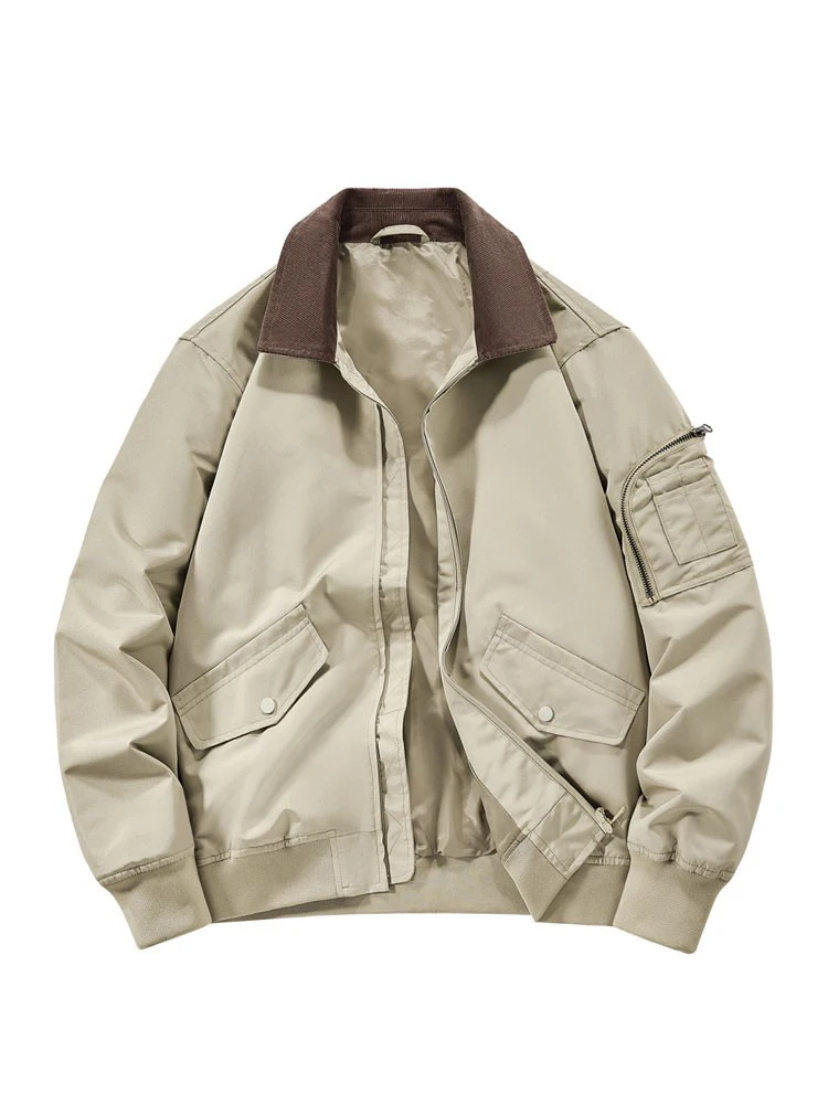 

Men's Spring Autumn Flip-Collar Jaet Pure Color Retro Large ket Workwear Windproof Outerwear Stand Fit Youth Trend Po...