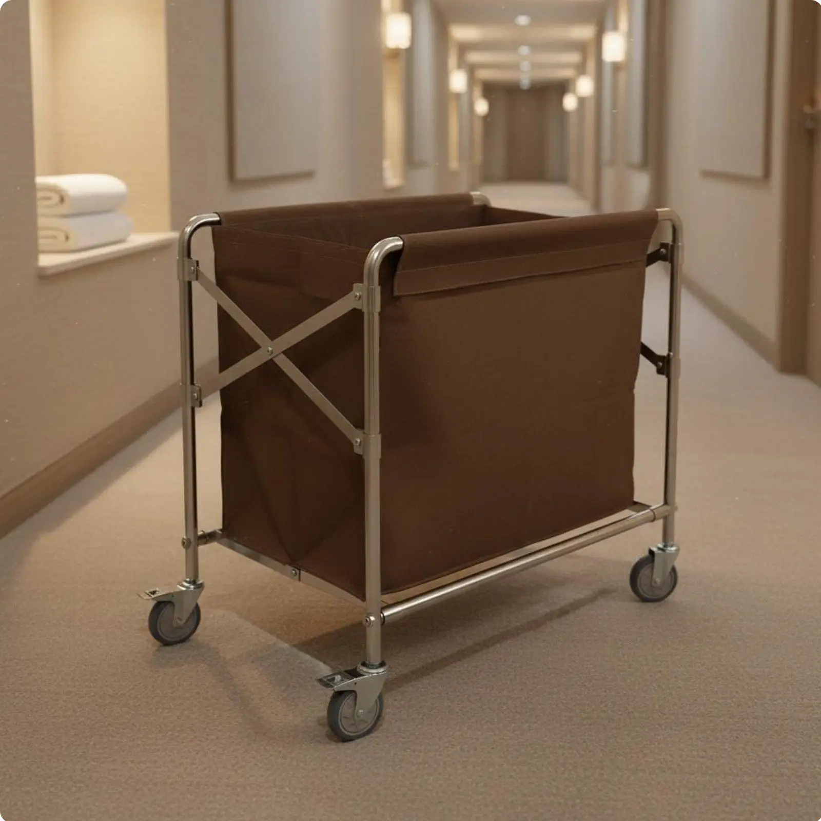 Foldable Laundry Cart Stainless Steel Frame Oxford Cloth Rolling Hamper for Hotel Janitorial Use