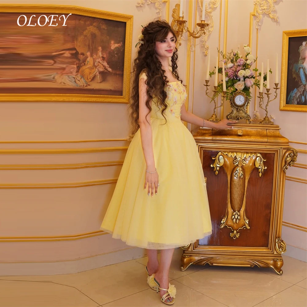 

OLOEY Желтые вечерние платья принцессы Дубай Арабские женские платья с короткими рукавами и цветочным принтом из тюля чайной длины Пром платья Формальные по индивидуальному заказу