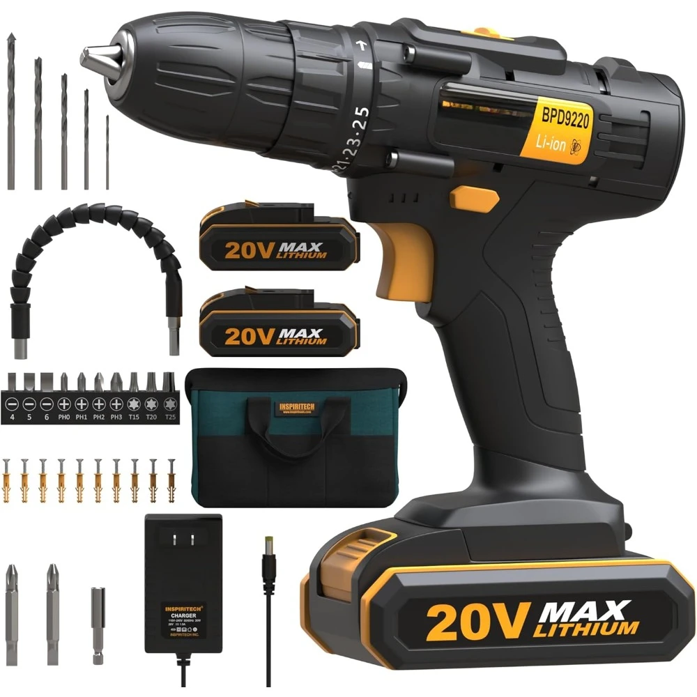 20V Cordless Drill, Power Drill Set with 2 Batteries and Charger,3/8-Inch Chuck Electric Drill Kit with 24-Torque Setting