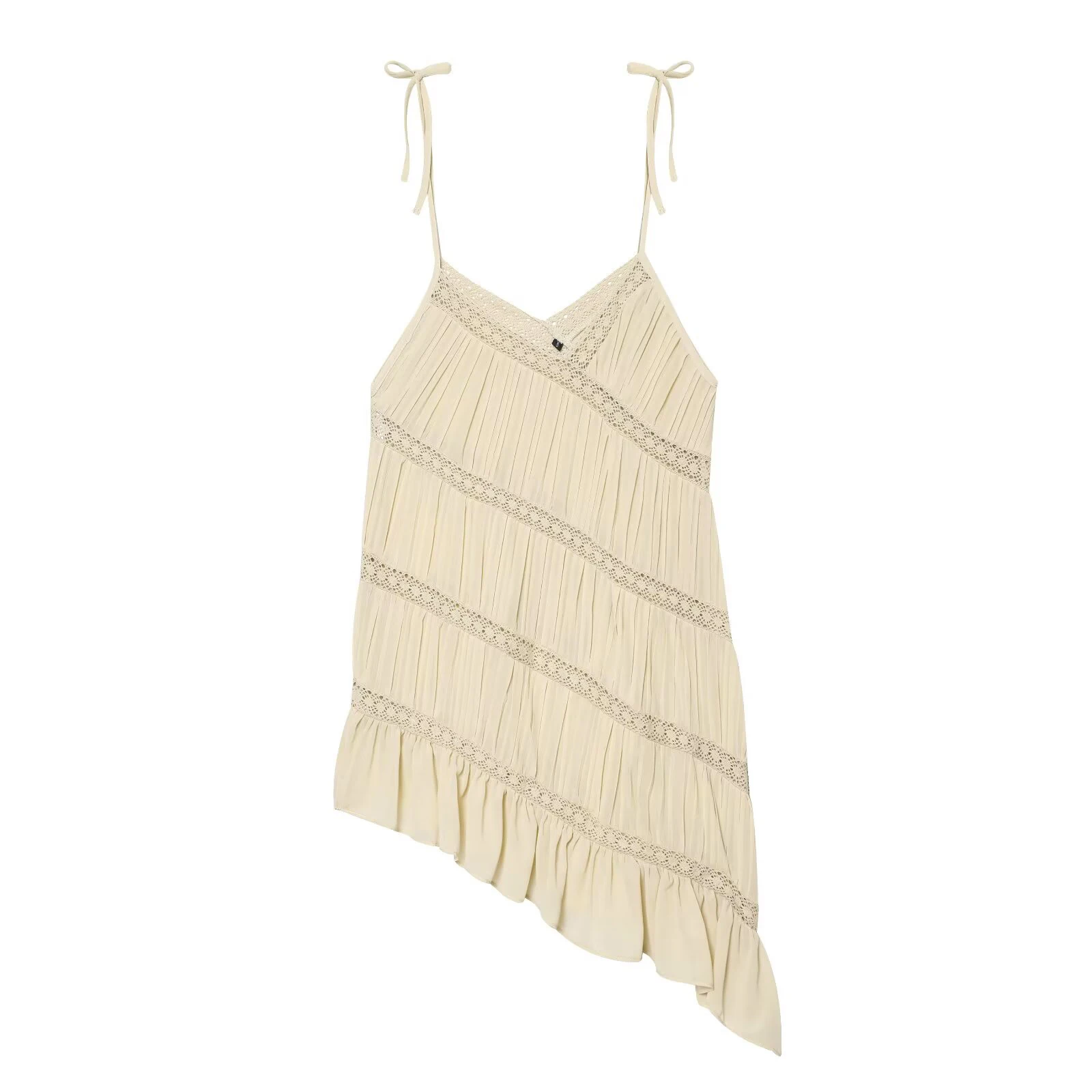 

Новый женский топ в европейском и американском стиле с V-образным вырезом, плиссировкой, асимметричными бретелями и кружевной отделкой.