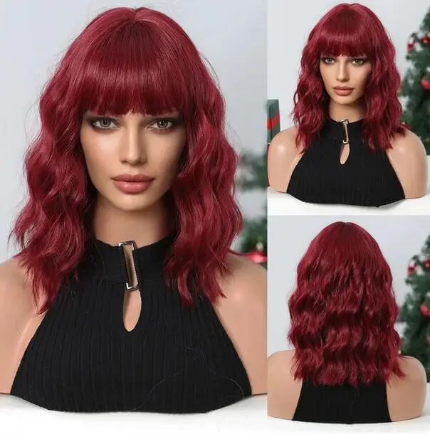 

Wine Red Wavy Wigs with Bangs Short Bob Wig Holiday Red Curly Synthetic Hair Wigs Women Party Cosplay Fake Hair Heat Resistant