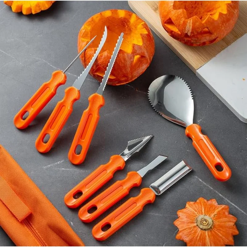 1set kit per intagliare la zucca con borsa portaoggetti, set di coltelli per intaglio della zucca in acciaio inossidabile per la decorazione di