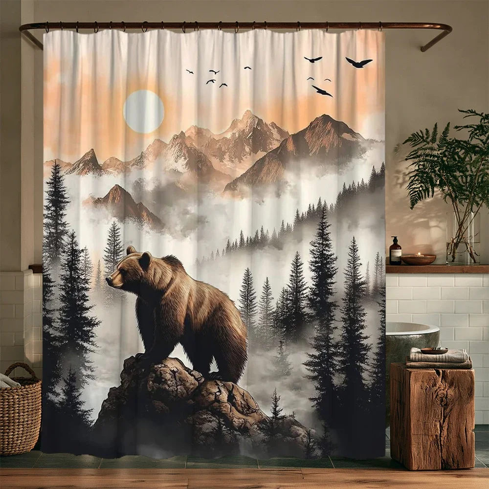 Realistic Bear in Misty Mountain Forest Landscape Shower Curtain Bathroom Decor Waterproof Print