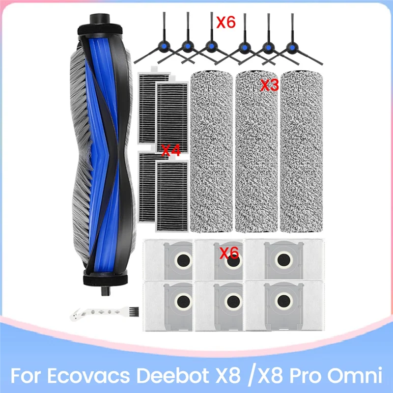 ABUS-21Pcs ل ECOVACS DEEBOT X8 /X8 PRO OMNI جهاز آلي لتنظيف الأتربة أجزاء مع أكياس الغبار مرشحات الجانب الرئيسي فرش الأسطوانة المماسح