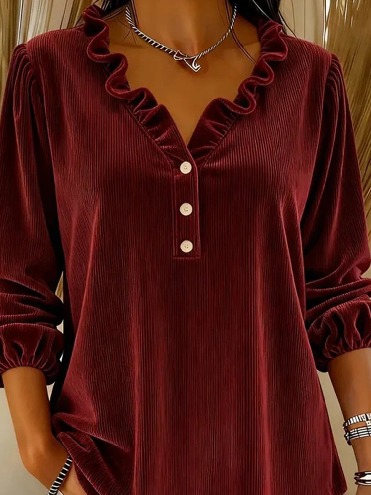 Eleganckie bluzki z długim rękawem typu lampion, luźne, jesienne, nowe, proste bluzki z dekoltem w serek, falbankami, do pracy, dla kobiet, nowe, sztruksowe, jednolite pulowery 2025.