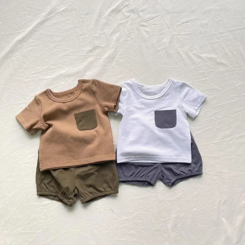 

Boy Girl Striped T Shirts + Shorts 2pcs Suit Infant Toddler Thin Cotton Outfits 2026 Summer New Baby Short Sleeve Clothes Set