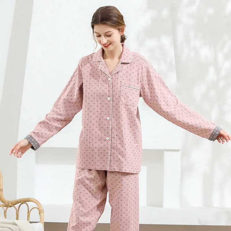 

Washed Double-layer Gauze Cotton Pajamas Suit Women Laple Sleepwear Casual Men Two Pieces Long Sleeve Pyjamas Loose Home Clothes