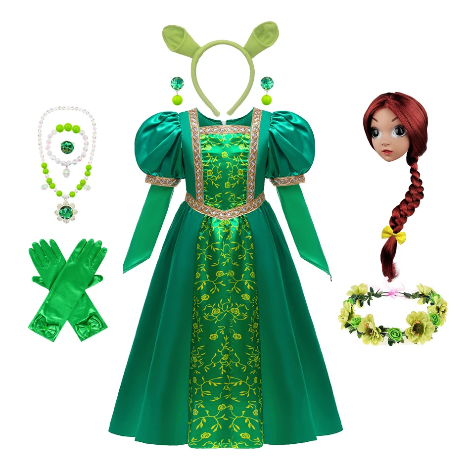 Disfraz de princesa Fiona para niñas, vestido para niños, traje de juego de rol de cuento de hadas verde con corona de pelo, peluca, collar para Cosplay de Halloween