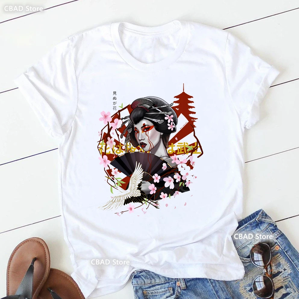 Red Crane Japanese Retro Vintage Art Print T Shirt Women Japanese Samurai Tshirt Femme Summer Fashion T-Shirt Female Streetwear