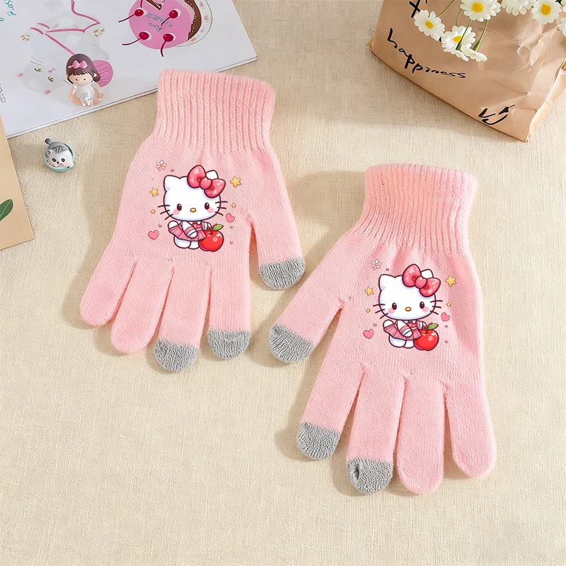 

Cute Hello Kitty Woman Glove Sanrio Anime Print Kid Girl Kawaii Casual Non-slip Finger Outdoor Winter Warm Knit Glove Party Gift