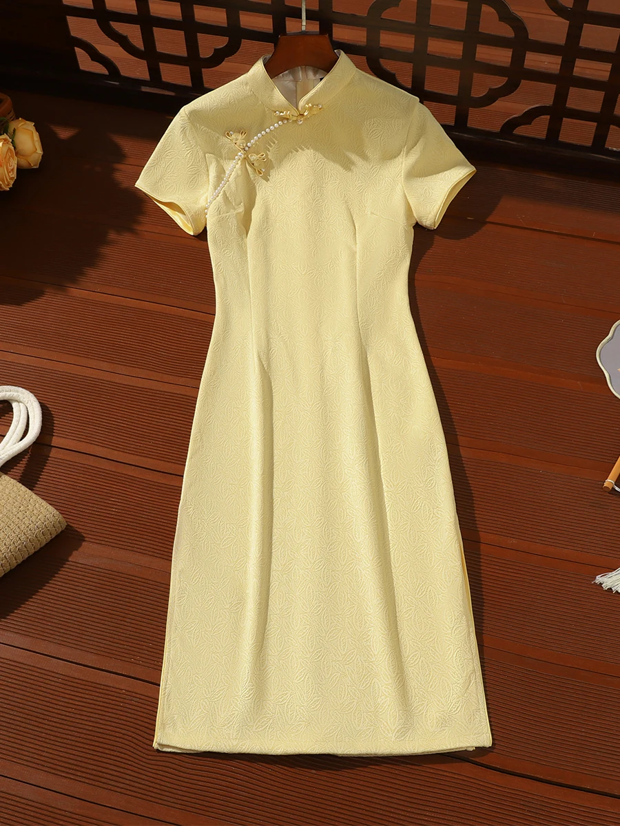 

Женское летнее ципао желтого цвета, улучшенная повседневная модель, маленький размер, уникальный уличный стиль, новая версия 2026 года, дышащее, с коротким рукавом