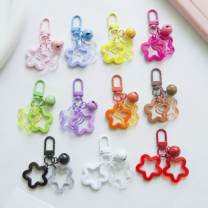 2PCS Five pointed Star Bell Pendant Keychain Elegant Candy Color Bag Keyring Jewelry For Women Car Hanging Trinket Key Holder