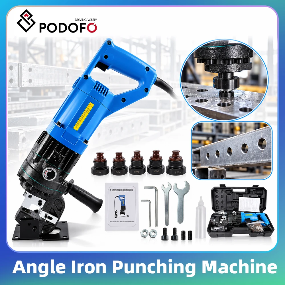 Podofo 2200W Electric-Hydraulic Punching Machine Angle Iron Punching Machine Electric Hydraulic Hole Puncher 6.5/9/13/17/20.5mm