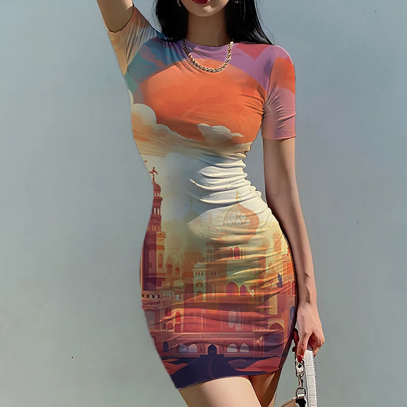 Vestido feminino estampado em 3D, estilo retrô feminino, moda casual, castelos, novo, verão